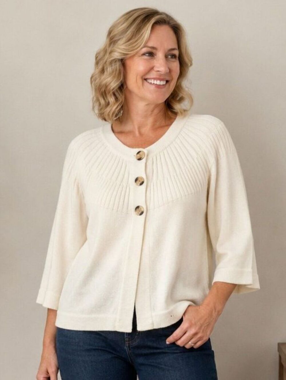 Avon 1X Ivory Cream Ribbed Cotton Blend Button Front Swing Cardigan Sweater Y2K
